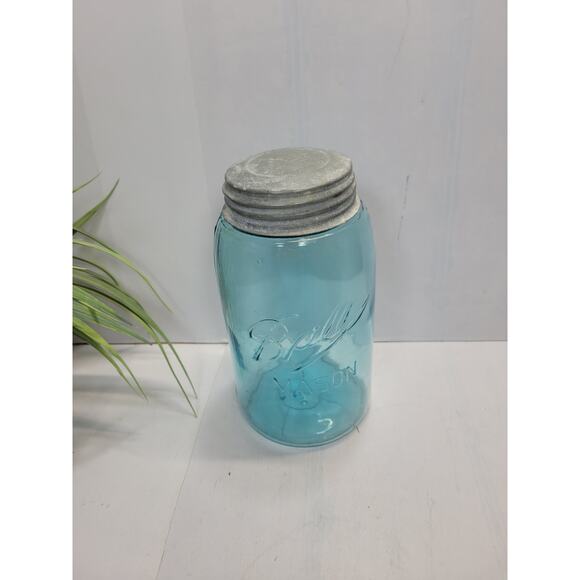 Antique Ball Jar, Blue Quart, 3 Loop Logo, Slope Shoulder, 1900-1910 - Picture 1 of 4